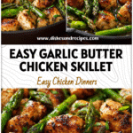 Skillet of Garlic Butter Chicken Bites with asparagus, a colorful Keto Recipes Easy Health Dinner dish.